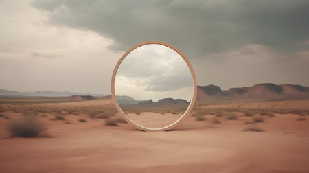 Vintage oval frame in desert landscape. 3D Rendering.の素材