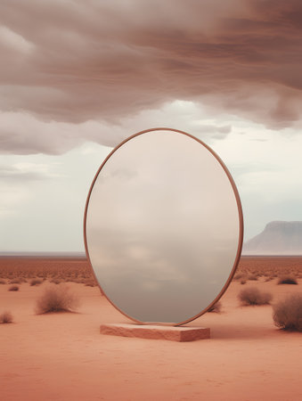 Round mirror in the desert. 3d illustration. Vintage style.の素材