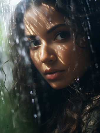 Portrait of a beautiful young brunette woman in rain shower.の素材