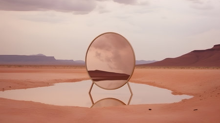 Mirror in the desert with a reflection of the mountains in itの素材