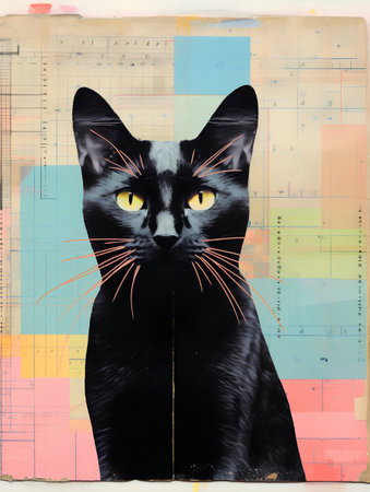 Black cat with yellow eyes on the background of an abstract graph.の素材