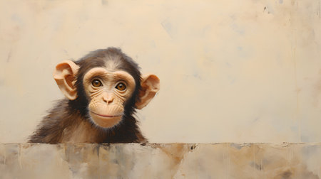 Chimpanzee monkey portrait on old grunge wall background.の素材