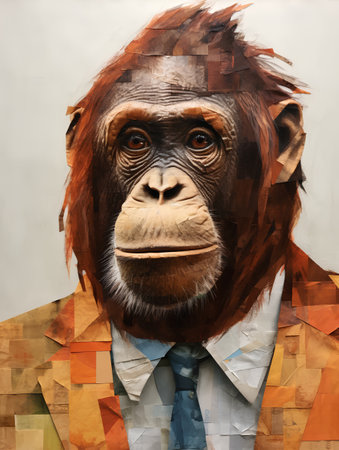 Portrait of a monkey in a business suit and tie on a mosaic backgroundの素材