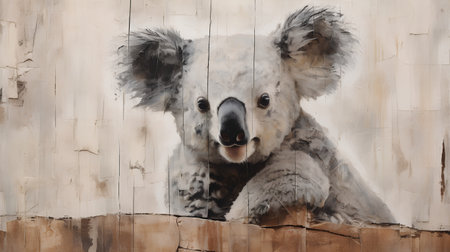 Original oil painting of koala bear on wooden background. Hand drawn illustrationの素材