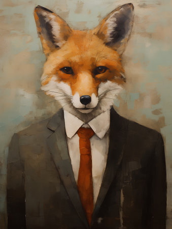 Portrait of a fox in a suit and tie on an abstract backgroundの素材