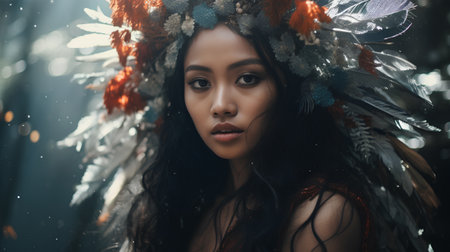 Portrait of a beautiful asian woman in a wreath of feathers.の素材