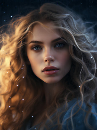 Portrait of a beautiful young woman with long wavy blond hair on a dark background.の素材