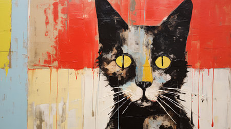 Grunge color background with cat's head painted in different colorsの素材