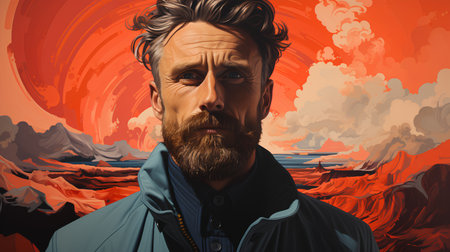 A portrait of a man with a beard and mustache in a jacket against the background of the volcano.の素材