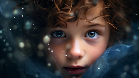 Portrait of a beautiful little boy with blue eyes in a raincoat.の素材