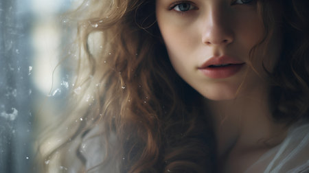 Beautiful young woman with long curly hair looking at the camera.の素材