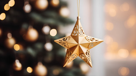 Christmas and New Year greeting card with golden star on bokeh backgroundの素材