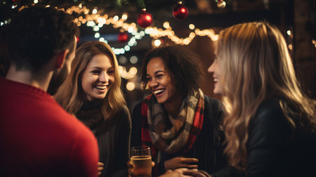 Group of friends having fun and drinking beer at a christmas partyの素材