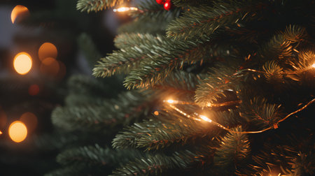 Christmas tree branches with glowing garland lights and bokeh backgroundの素材