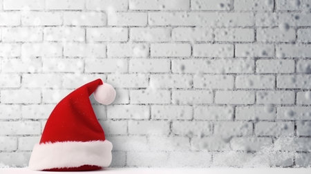 Santa Claus hat on white brick wall background. Christmas and New Year conceptの素材