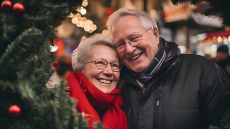 Portrait of happy senior couple at christmas market, looking at cameraの素材