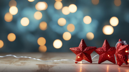 Christmas background with red stars and bokeh lights on wooden tableの素材