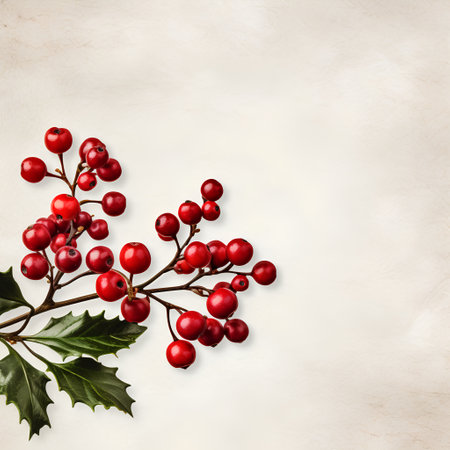 Christmas holly branch with red berries on old paper background with copy spaceの素材