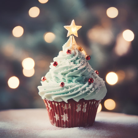 Christmas cupcake with snow and christmas tree on bokeh backgroundの素材