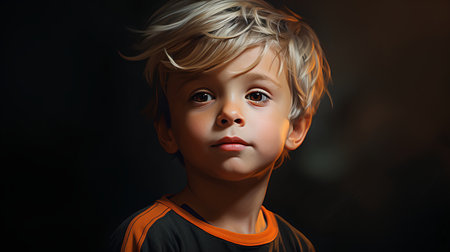 Portrait of a little boy with blond hair on a dark background.の素材