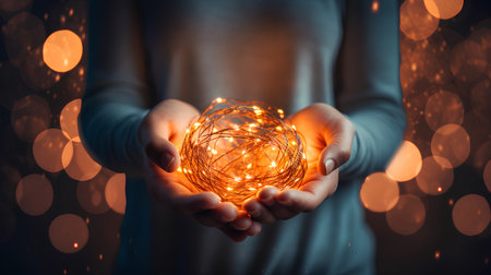 Close up of woman hands holding glowing christmas ball on bokeh backgroundの素材