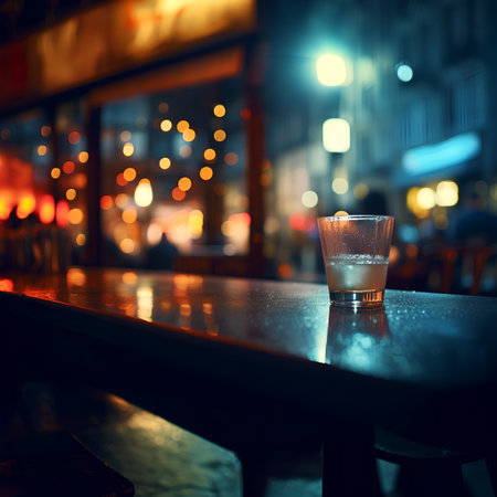 Glass of water on the table in a bar at night. Selective focusの素材