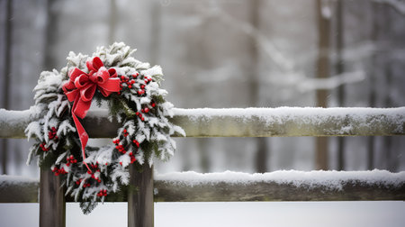 Christmas wreath on a wooden fence in the winter forest with snowの素材