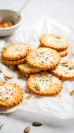 cookies with cheese, pumpkin seeds and sesame on a white backgroundの素材