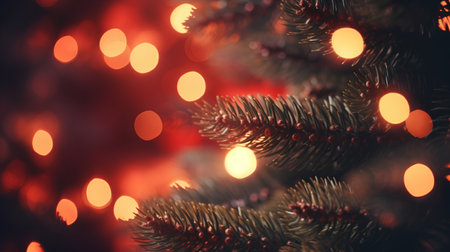 Christmas background with fir tree branches, bokeh lights and copy spaceの素材