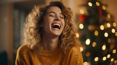 Beautiful young woman laughing in front of christmas tree at homeの素材