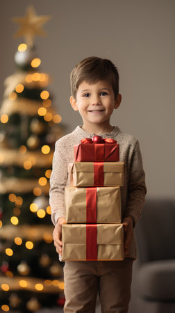 happy boy with christmas gift boxes at home over christmas treeの素材
