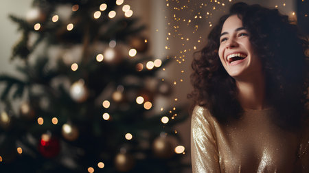 Portrait of a beautiful young woman with curly hair in a golden dress near the Christmas tree.の素材