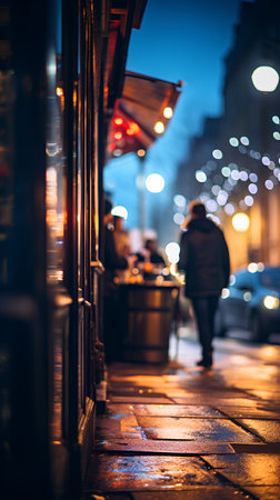 Night city street with people walking on the sidewalk in the rain.