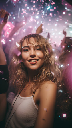Party, holidays, celebration and people concept - smiling young woman in night clubの素材