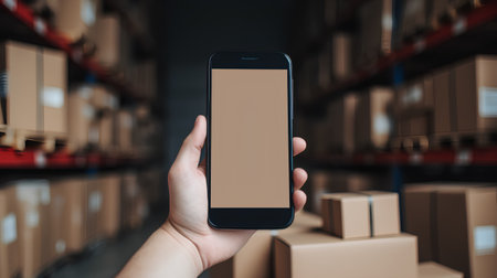 Hand holding mobile phone with blurred warehouse background, Online shopping and delivery conceptの素材