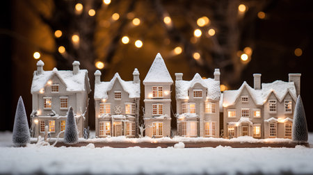 Christmas and New Year holidays background with small toy houses in the snowの素材