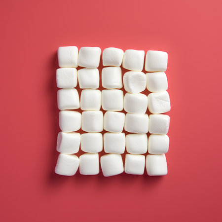 White marshmallows isolated on red background. Top view. Flat lay.の素材