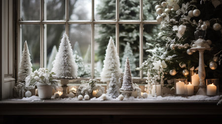 Beautiful Christmas decorations on the windowsill. Christmas and New Year concept.の素材