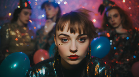 Portrait of a beautiful young girl with bright make-up in a nightclub.の素材