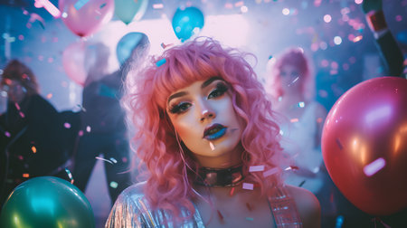 Beautiful girl with pink hair and bright make-up with balloonsの素材