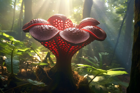 Beautiful red flower in the forest. 3d render illustration.の素材