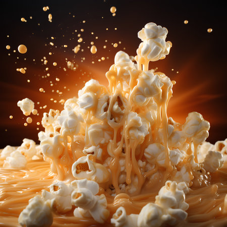 Splash of popcorn on a black background. 3d rendering.の素材
