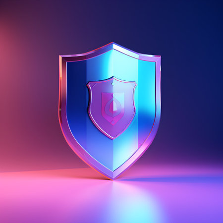 Protection shield icon on blue background. 3d vector illustration.の素材