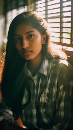 Portrait of a beautiful young girl in a checkered shirtの素材