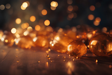 Golden christmas balls with bokeh lights on wooden background.の素材