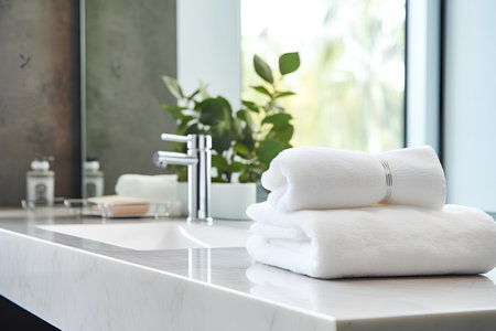 Towels on the countertop in a modern bathroom with a blurred backgroundの素材