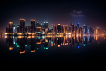 Night view of skyscrapers reflected in the lake, Dubai, United Arab Emiratesの素材