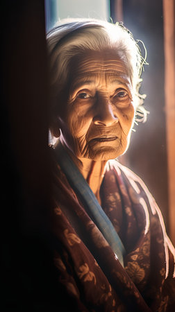 Portrait of an old woman in the house. Photo in old color image style.の素材