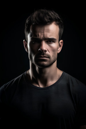 Portrait of a young handsome man in a black t-shirtの素材