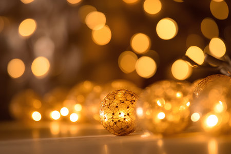 Christmas background with bokeh defocused lights and golden christmas ballsの素材